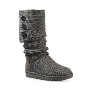 UGG Women's sz 7 Grey Lattice Cardy Wool Blend Sweater Knit High Fur Lined Boots